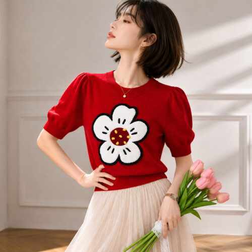 1304 product image 1 Women's Pullover Crew Neck Short Sleeve Sweater Manufacturer - MOQ 100 pcs - Style 1304