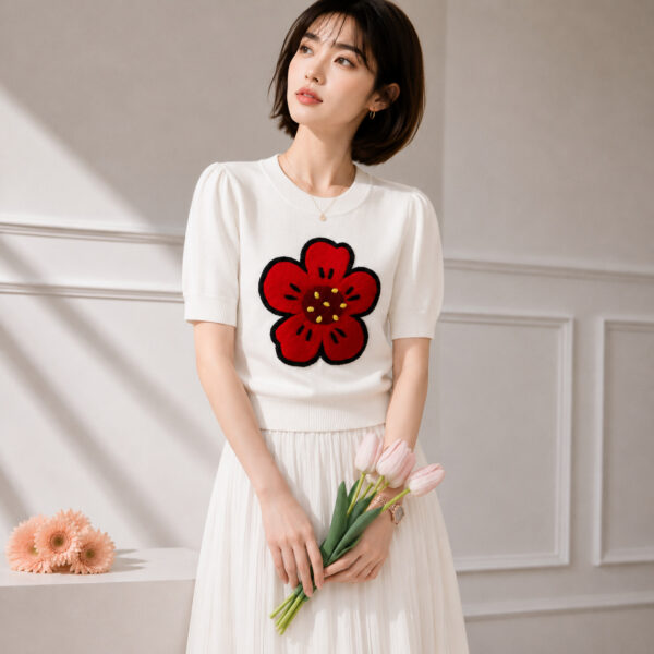 Women's Pullover Crew Neck Short Sleeve Sweater Manufacturer - MOQ 100 pcs - Style 1304