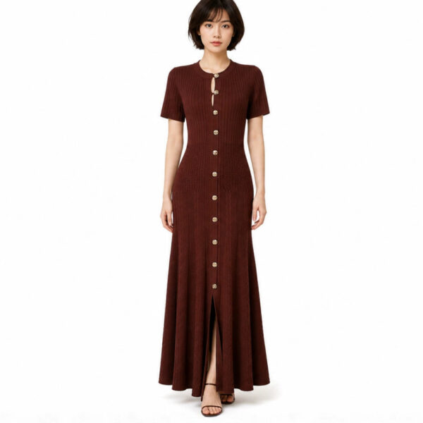 Women's Red Button-Front Short-Sleeve Maxi Knit Dress — Style 2192