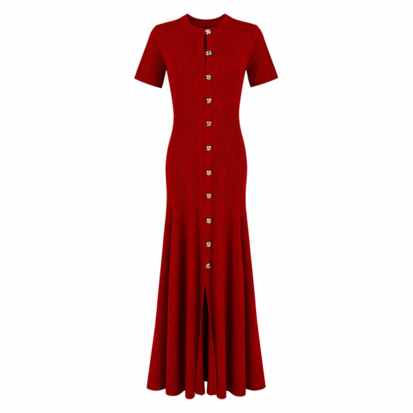 Women's Red Button-Front Short-Sleeve Maxi Knit Dress — Style 2192