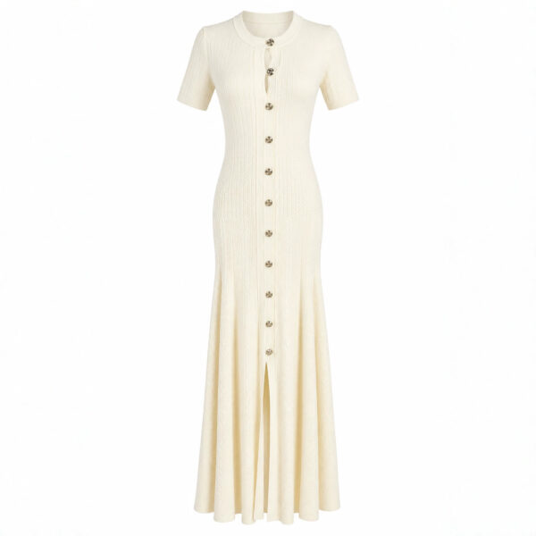 Women's Red Button-Front Short-Sleeve Maxi Knit Dress — Style 2192