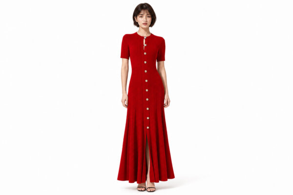 Women's Red Button-Front Short-Sleeve Maxi Knit Dress — Style 2192