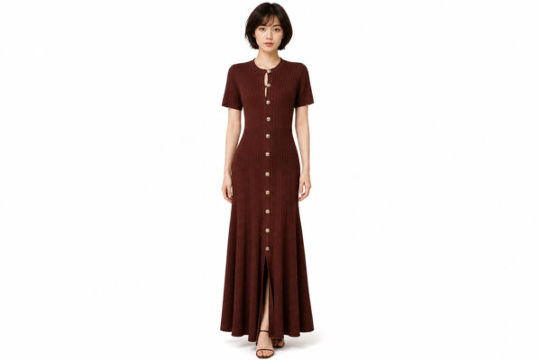 Women's Red Button-Front Short-Sleeve Maxi Knit Dress — Style 2192