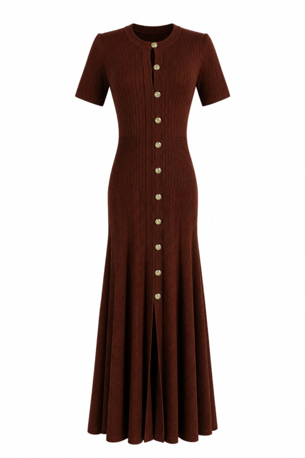 Women's Red Button-Front Short-Sleeve Maxi Knit Dress — Style 2192