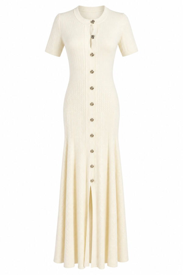 Women's Red Button-Front Short-Sleeve Maxi Knit Dress — Style 2192