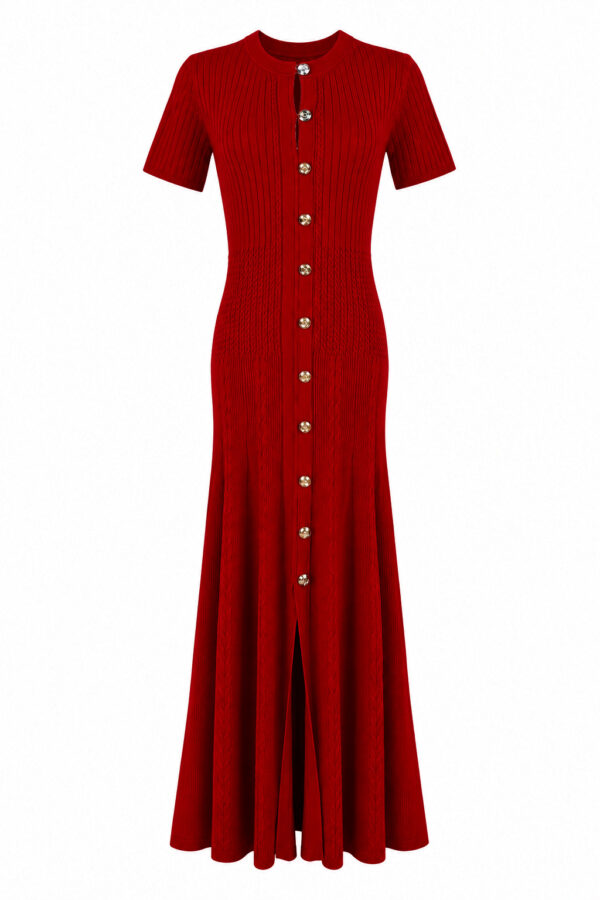 Women's Red Button-Front Short-Sleeve Maxi Knit Dress — Style 2192