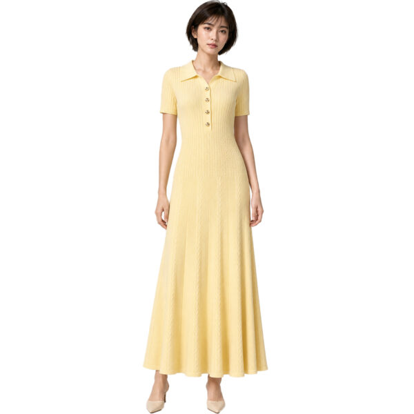 Women's Yellow Polo-Collar Short-Sleeve Maxi Knit Dress — Style 2193
