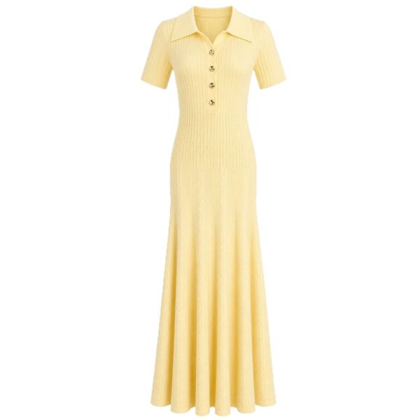 Women's Yellow Polo-Collar Short-Sleeve Maxi Knit Dress — Style 2193
