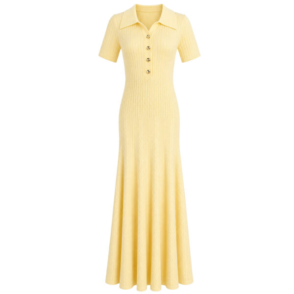 Women's Yellow Polo-Collar Short-Sleeve Maxi Knit Dress — Style 2193