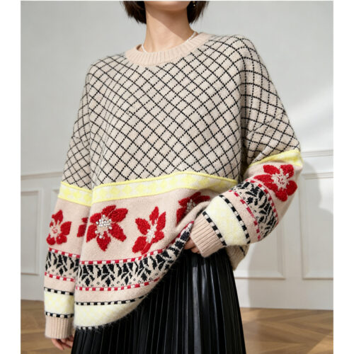Women's Viscose Fiber Pullover Crew Neck Long Sleeve Sweater Manufacturer - MOQ 100 pcs - Style 3201 Women’s Ivory Nordic Fair-Isle Crew-Neck Pullover — Style 3201 - KnitwearSource