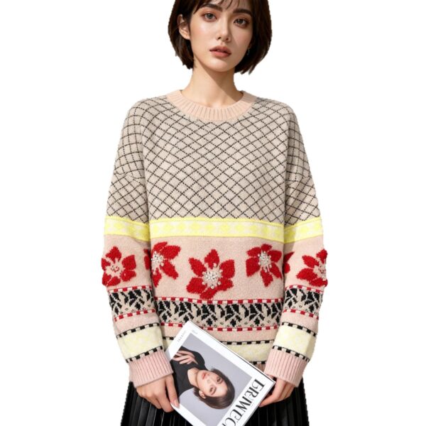 Women’s Ivory Nordic Fair-Isle Crew-Neck Pullover — Style 3201 - KnitwearSource