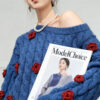Women’s Cobalt Blue Cable Red-Rose Appliqué Sweater — Style 41027 - KnitwearSource