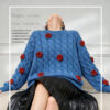 Women’s Cobalt Blue Cable Red-Rose Appliqué Sweater — Style 41027 - KnitwearSource