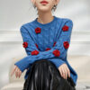 Women’s Cobalt Blue Cable Red-Rose Appliqué Sweater — Style 41027 - KnitwearSource