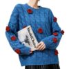 Women’s Cobalt Blue Cable Red-Rose Appliqué Sweater — Style 41027 - KnitwearSource