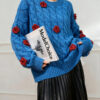 Women’s Cobalt Blue Cable Red-Rose Appliqué Sweater — Style 41027 - KnitwearSource