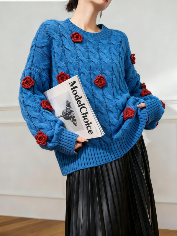Women’s Cobalt Blue Cable Red-Rose Appliqué Sweater — Style 41027 - KnitwearSource