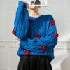 Women’s Cobalt Blue Cable Red-Rose Appliqué Sweater — Style 41027 - KnitwearSource