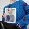 Women’s Cobalt Blue Cable Red-Rose Appliqué Sweater — Style 41027 - KnitwearSource