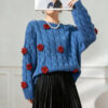 Women’s Cobalt Blue Cable Red-Rose Appliqué Sweater — Style 41027 - KnitwearSource