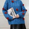 Women’s Cobalt Blue Cable Red-Rose Appliqué Sweater — Style 41027 - KnitwearSource