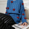 Women’s Cobalt Blue Cable Red-Rose Appliqué Sweater — Style 41027 - KnitwearSource