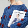 Women’s Cobalt Blue Cable Red-Rose Appliqué Sweater — Style 41027 - KnitwearSource