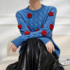 Women’s Cobalt Blue Cable Red-Rose Appliqué Sweater — Style 41027 - KnitwearSource