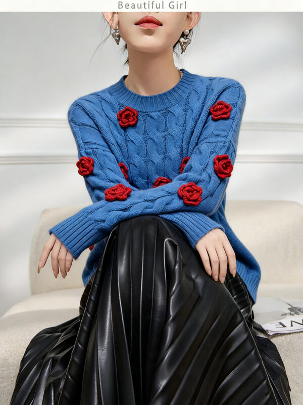Women’s Cobalt Blue Cable Red-Rose Appliqué Sweater — Style 41027 - KnitwearSource