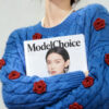 Women’s Cobalt Blue Cable Red-Rose Appliqué Sweater — Style 41027 - KnitwearSource