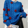 Women’s Cobalt Blue Cable Red-Rose Appliqué Sweater — Style 41027 - KnitwearSource