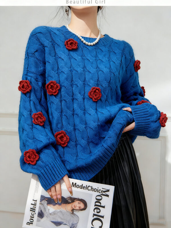 Women’s Cobalt Blue Cable Red-Rose Appliqué Sweater — Style 41027 - KnitwearSource