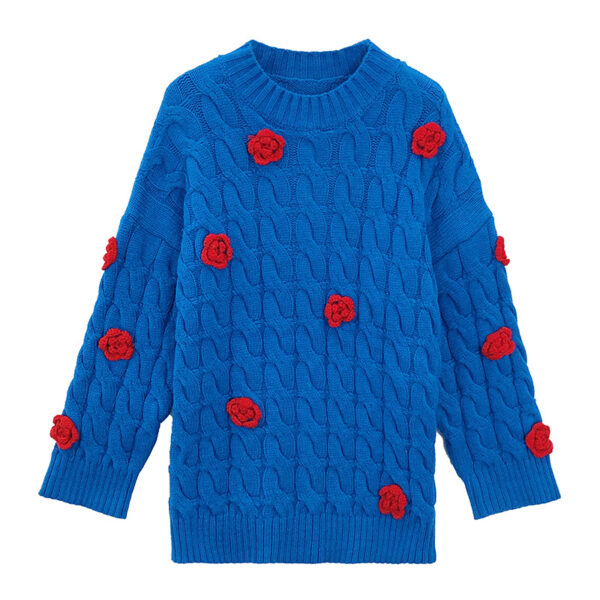 Women’s Cobalt Blue Cable Red-Rose Appliqué Sweater — Style 41027 - KnitwearSource