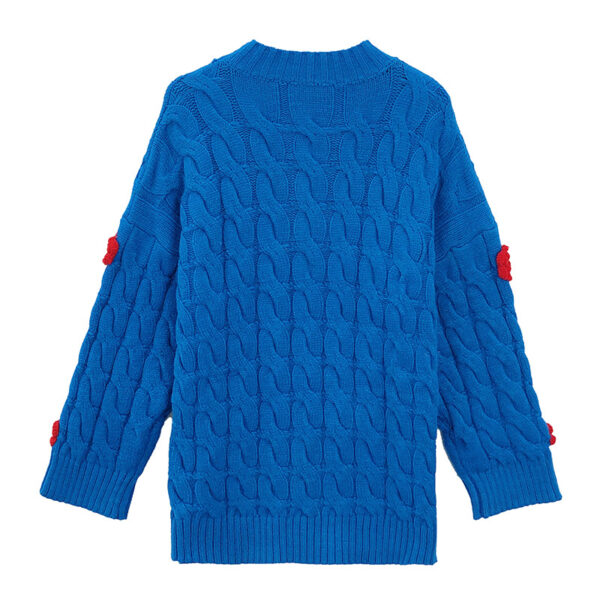 Women’s Cobalt Blue Cable Red-Rose Appliqué Sweater — Style 41027 - KnitwearSource