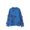 Women’s Cobalt Blue Cable Red-Rose Appliqué Sweater — Style 41027 - KnitwearSource
