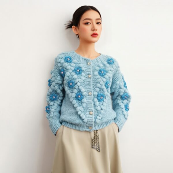 Women's Angora Goat Wool Cardigan Crew Neck Long Sleeve Sweater Manufacturer - MOQ 100 pcs - Style 41078