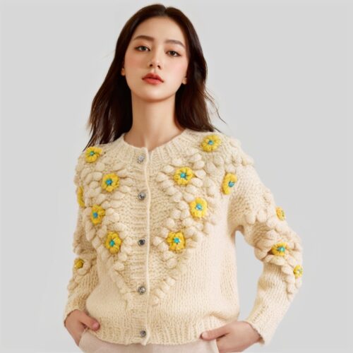Women's Angora Goat Wool Cardigan Crew Neck Long Sleeve Sweater Manufacturer - MOQ 100 pcs - Style 41089