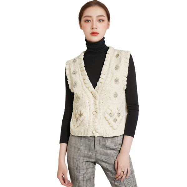 Women’s Ivory Rhinestone Pom-Pom V-Neck Knit Vest — Style 41091 - KnitwearSource