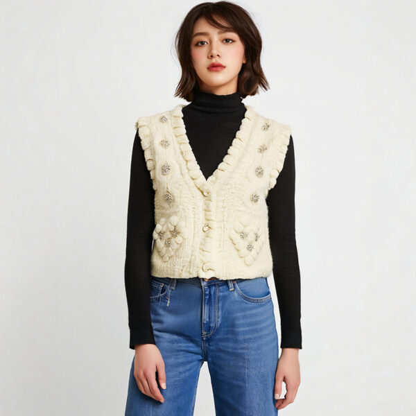 Women’s Ivory Rhinestone Pom-Pom V-Neck Knit Vest — Style 41091 - KnitwearSource