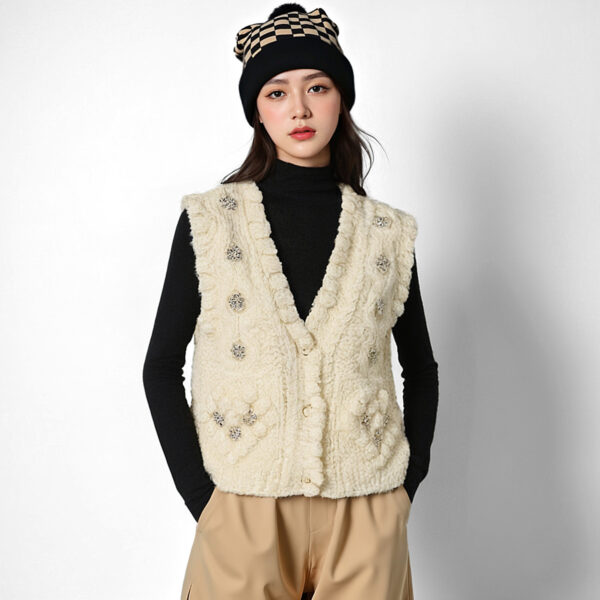Women’s Ivory Rhinestone Pom-Pom V-Neck Knit Vest — Style 41091 - KnitwearSource