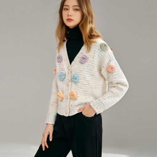 Women's Angora Goat Wool Cardigan Crew Neck Long Sleeve Sweater Manufacturer - MOQ 100 pcs - Style 41092