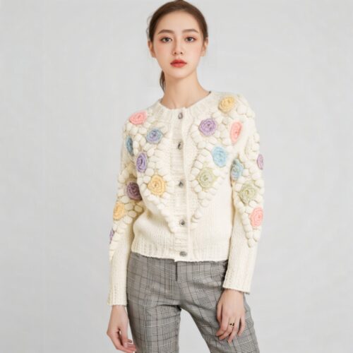 Women's Angora Goat Wool Cardigan Crew Neck Long Sleeve Sweater Manufacturer - MOQ 100 pcs - Style 41094