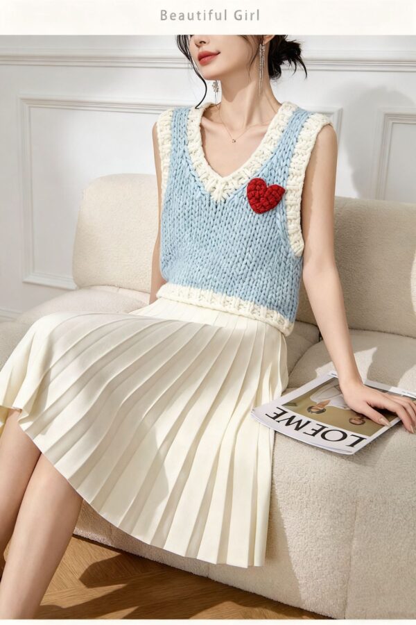 Women’s Baby Blue Heart-Appliqué Fuzzy Sweater Vest — Style 41104 - KnitwearSource