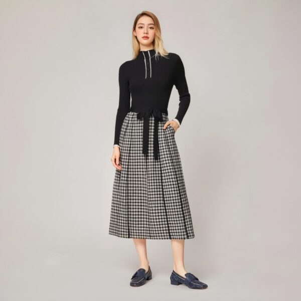 Women’s Brown Mock-Neck Plaid-Skirt Knit Dress — Style 55004 - KnitwearSource