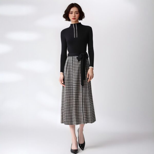 Women’s Brown Mock-Neck Plaid-Skirt Knit Dress — Style 55004 - KnitwearSource