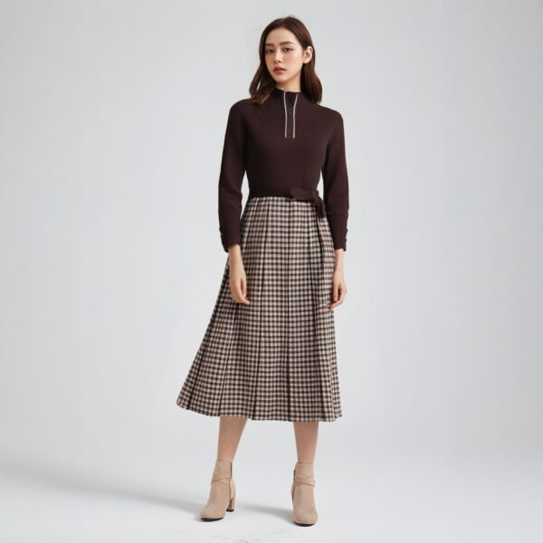 Women’s Brown Mock-Neck Plaid-Skirt Knit Dress — Style 55004 - KnitwearSource