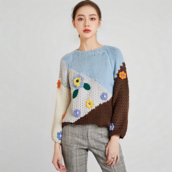 Women's Viscose Fiber Pullover Crew Neck Long Sleeve Sweater Manufacturer - MOQ 100 pcs - Style 58024 Women’s Multicolor Colorblock Cable Chunky Pullover — Style 58024 - KnitwearSource