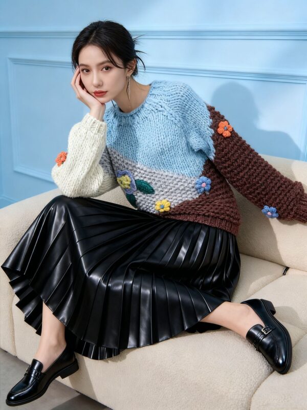 Women's Viscose Fiber Pullover Crew Neck Long Sleeve Sweater Manufacturer - MOQ 100 pcs - Style 58024 Women’s Multicolor Colorblock Cable Chunky Pullover — Style 58024 - KnitwearSource