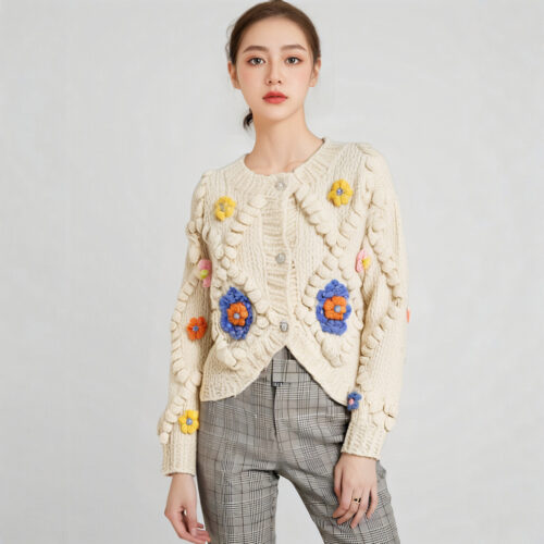 Women's Viscose Fiber Cardigan Crew Neck Long Sleeve Sweater Manufacturer - MOQ 100 pcs - Style 58037