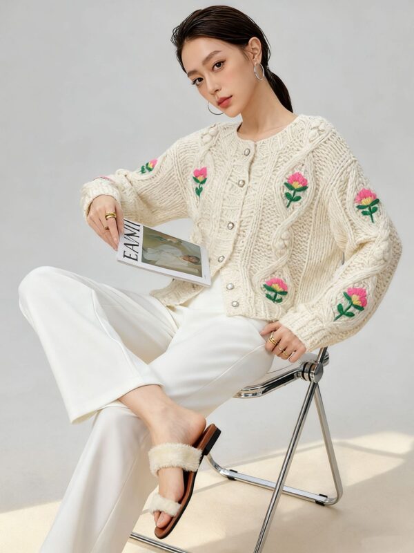 Women's Viscose Fiber Cardigan Crew Neck Long Sleeve Sweater Manufacturer - MOQ 100 pcs - Style 58052